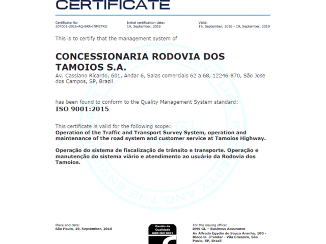Concessionária Tamoios conquista a certificação ISO 9001